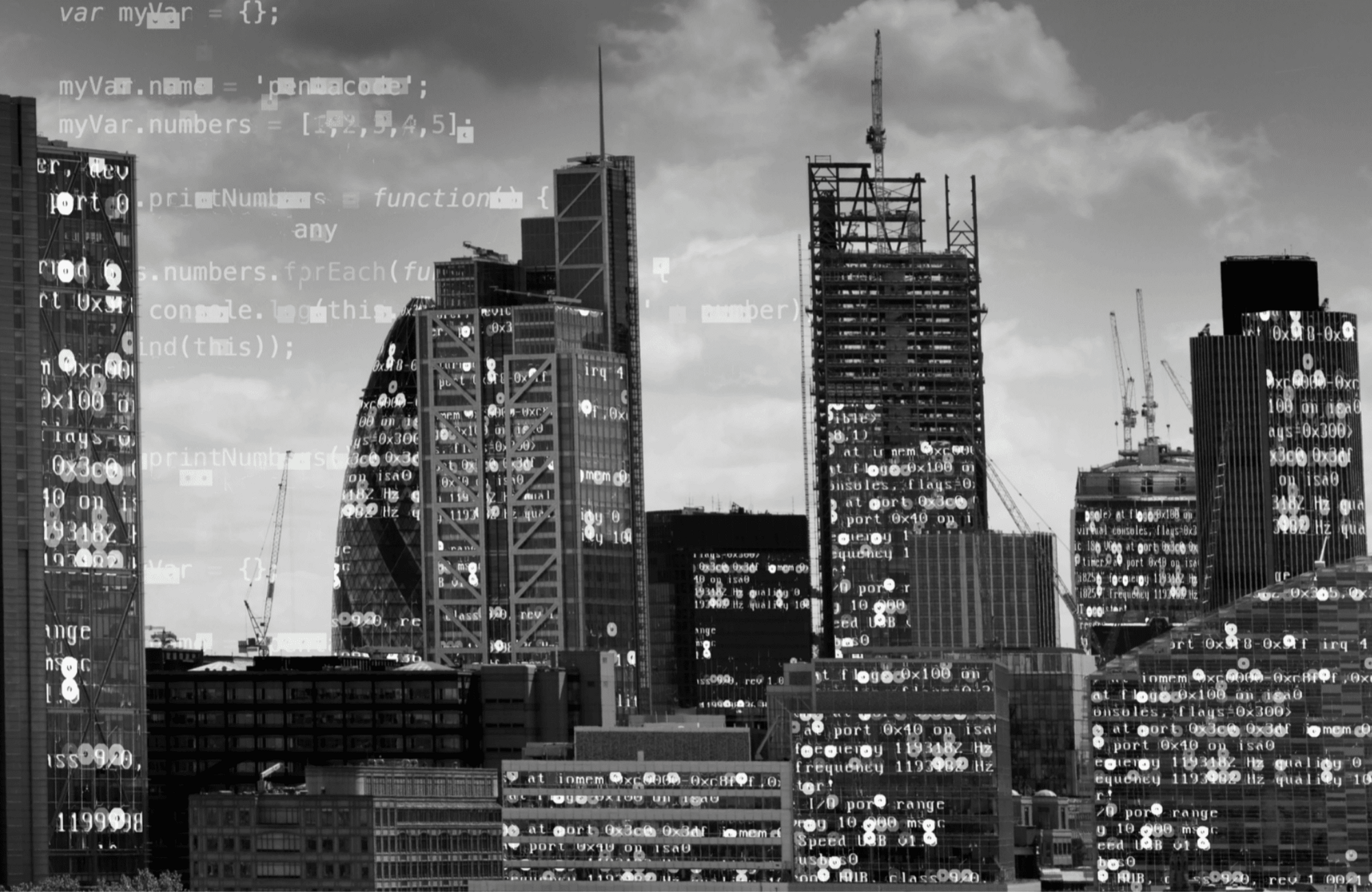 Gigabit group banner image london skyline greyscale with coding overlay